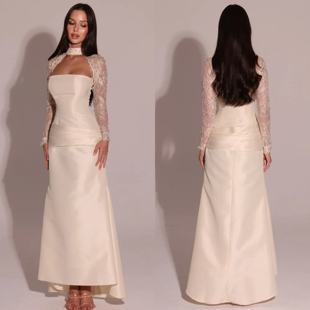 

Customized Elegant Fashion Lace Rhinestone Straight High Collar Midi Dresses Bespoke Occasion Dresses High Quality Intricate