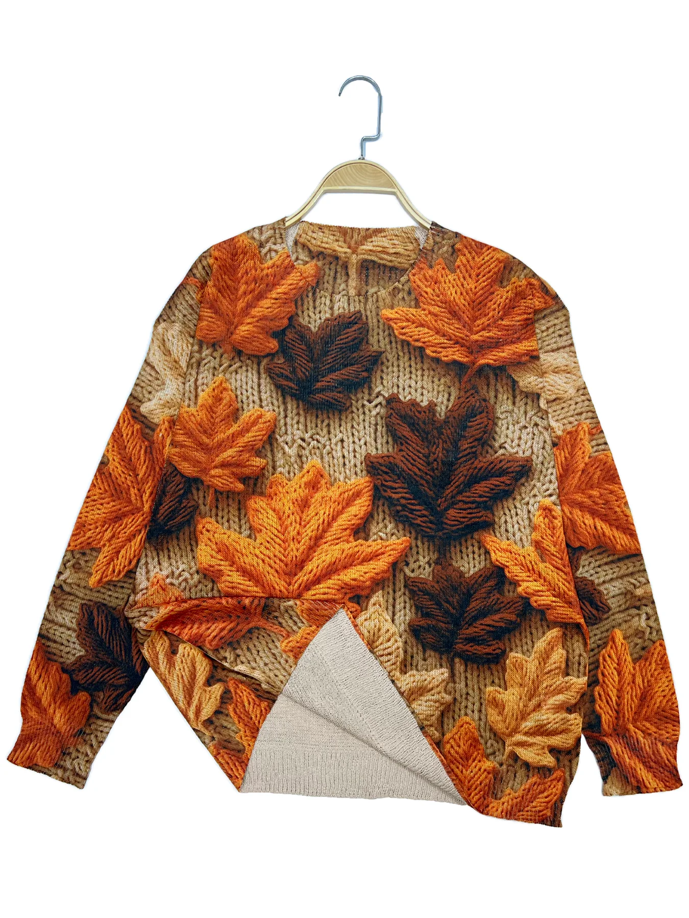 Leaf print thin sweater casual round neck long sleeve sweater spring and autumn women\'s clothing