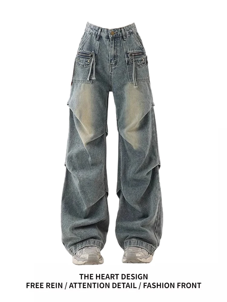 

Американская ретро рабочая одежда с высокой талией, джинсовые брюки, женские осенне-зимние новые дизайнерские плиссированные свободные широкие брюки