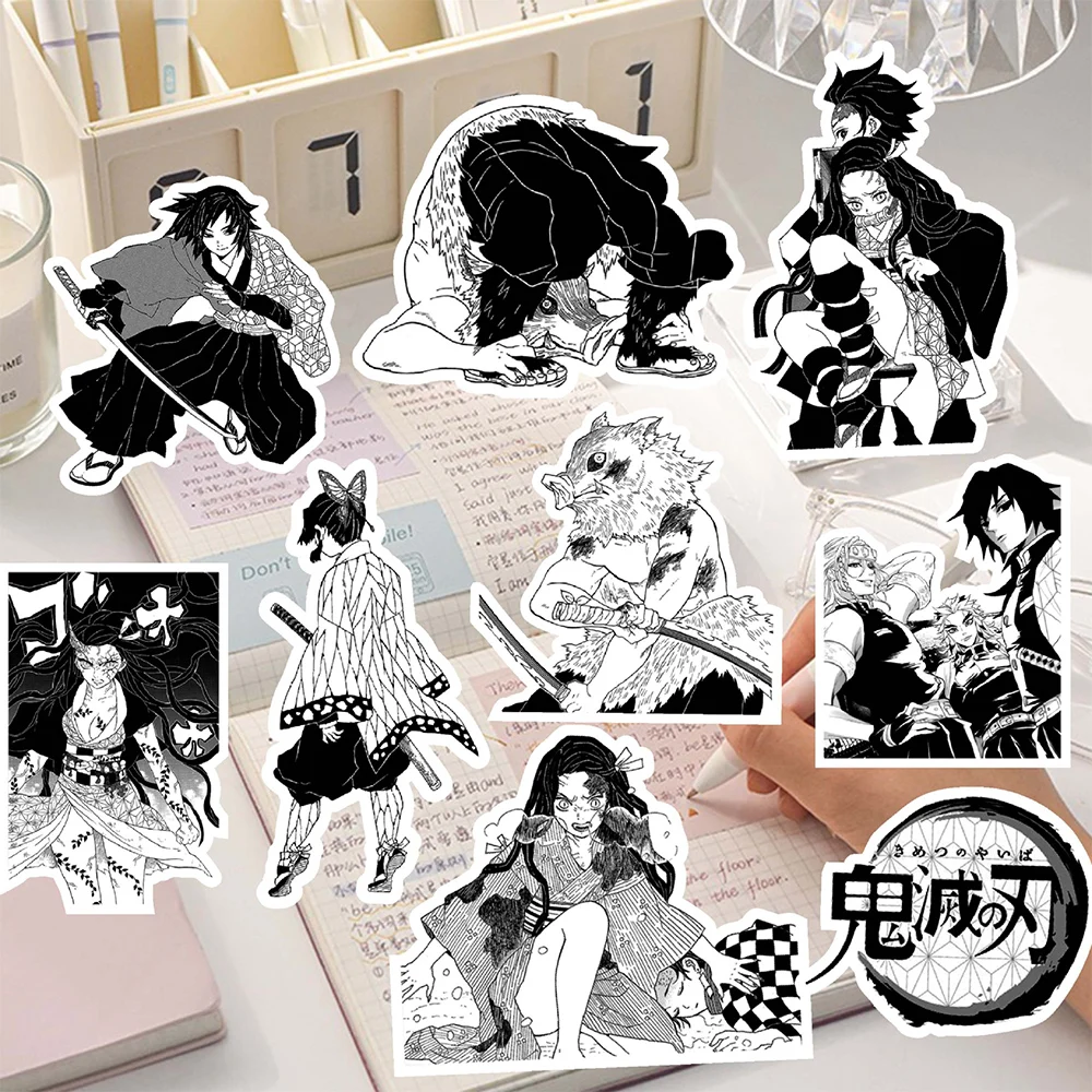 Demon Slayer Anime Stickers, Noir, Blanc, Cool Cartoon Sticker, DIY Notebook, Valise, Ordinateur portable, Téléphone, Tanjirou Decals, Toys, 10 PCs, 30 PCs, 65PCs