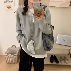 Frauen neue V-Ausschnitt Mock zweiteilige Hoodies Frühling Herbst einfarbig lose lässige Sweatshirts schicke einfache Laterne Ärmel Hoodies