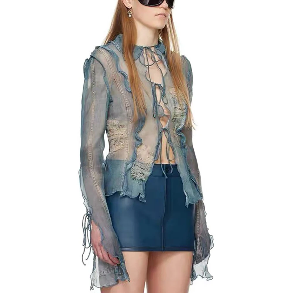 2024 Spring / Summer New Women\'s Shirt Y2k Faux Denim Printed Hole Tie Sexy See-Through Commuter Hundred Cotton Blouse Tops