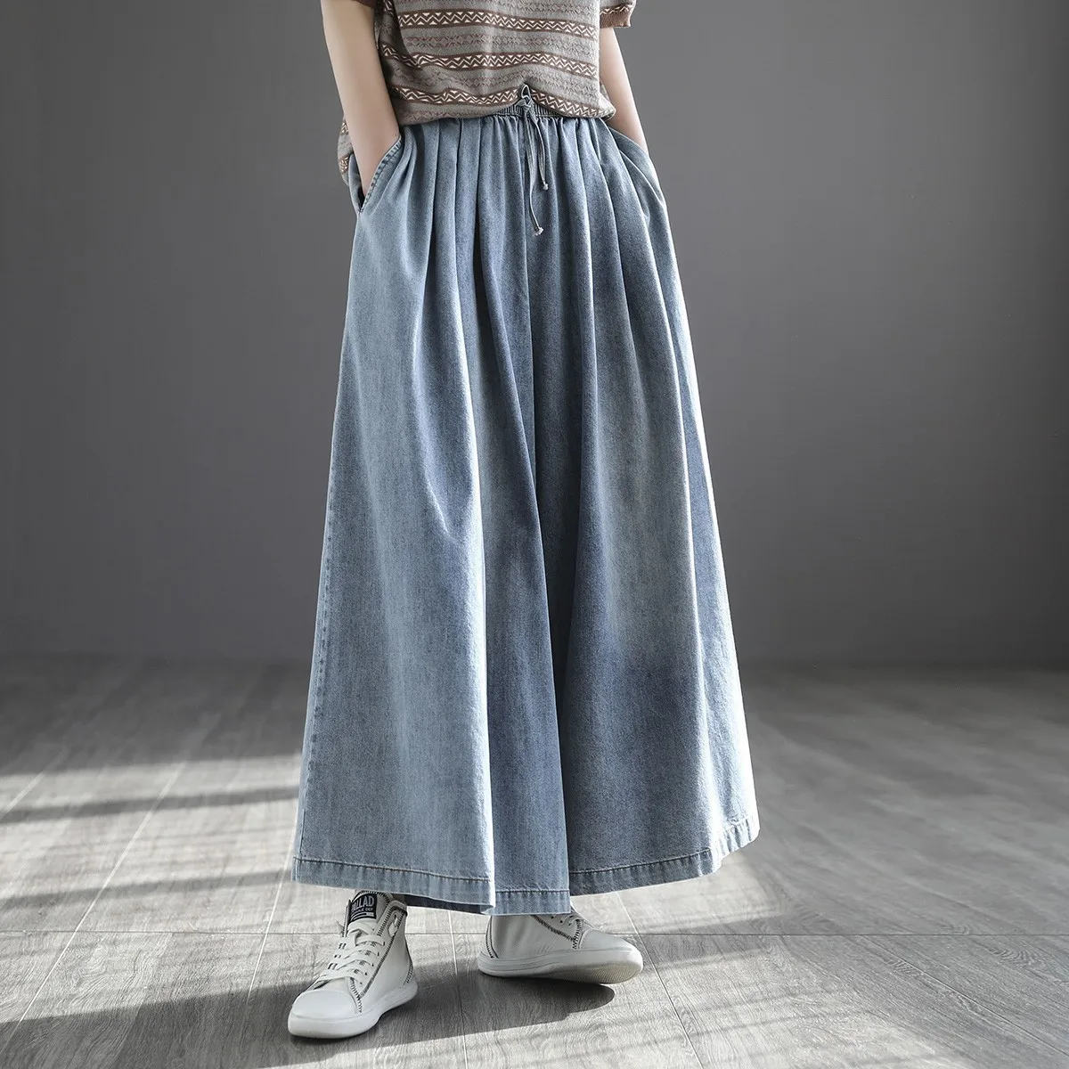 Wide Leg Denim Pants Women's Spring Summer Fashion Elastic Waist Solid Color Simple Loose Casual Jeans Female Soft Cozy Trouser