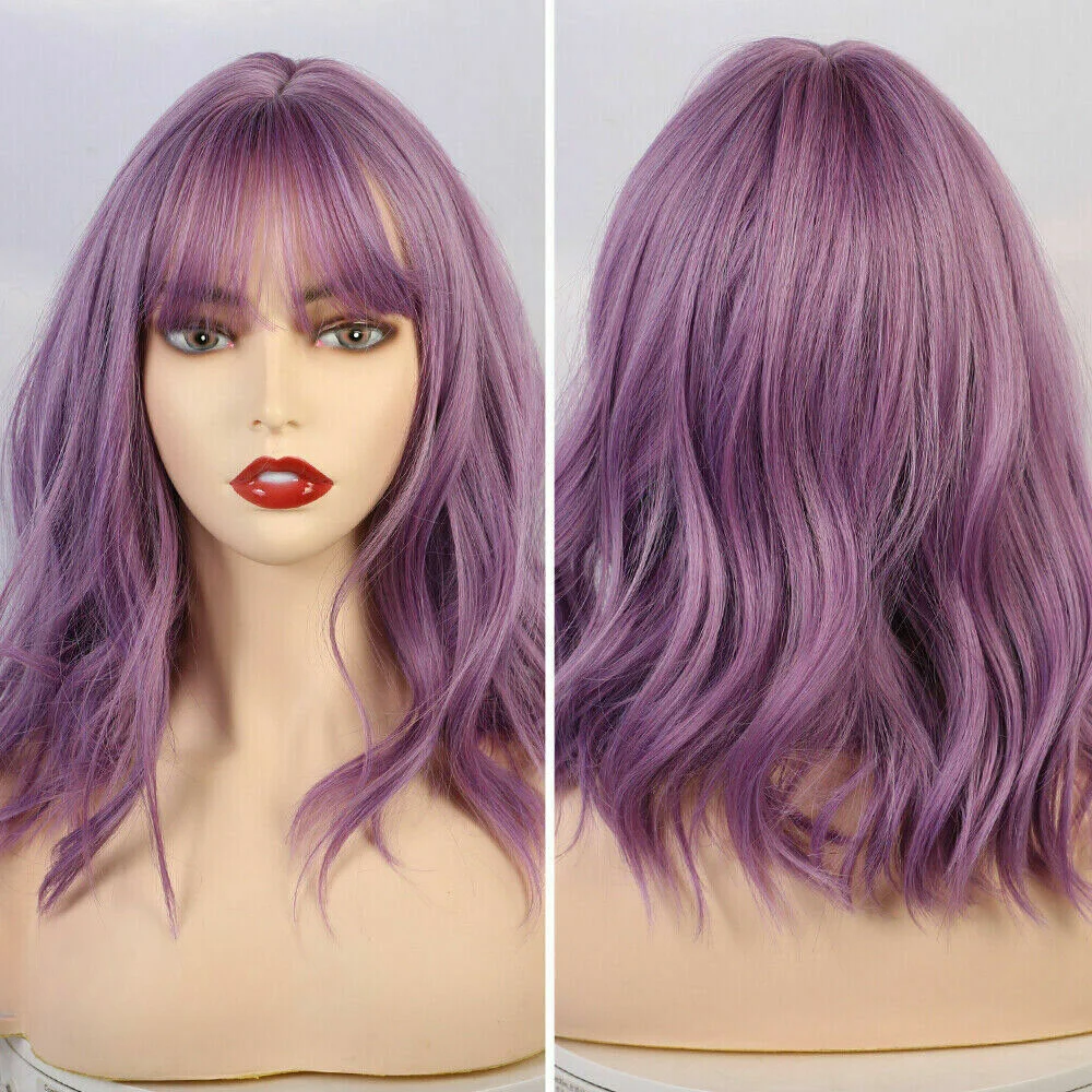 

Wavy Short Purple Wigs With Bang Synthetic Shoulder Length For Women Curly Wig