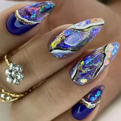 24 pçs longo stiletto imprensa em unhas caixa acrílico unhas falsas com desenhos de amêndoa folha de ouro preto francês cobertura completa dicas de unhas falsas