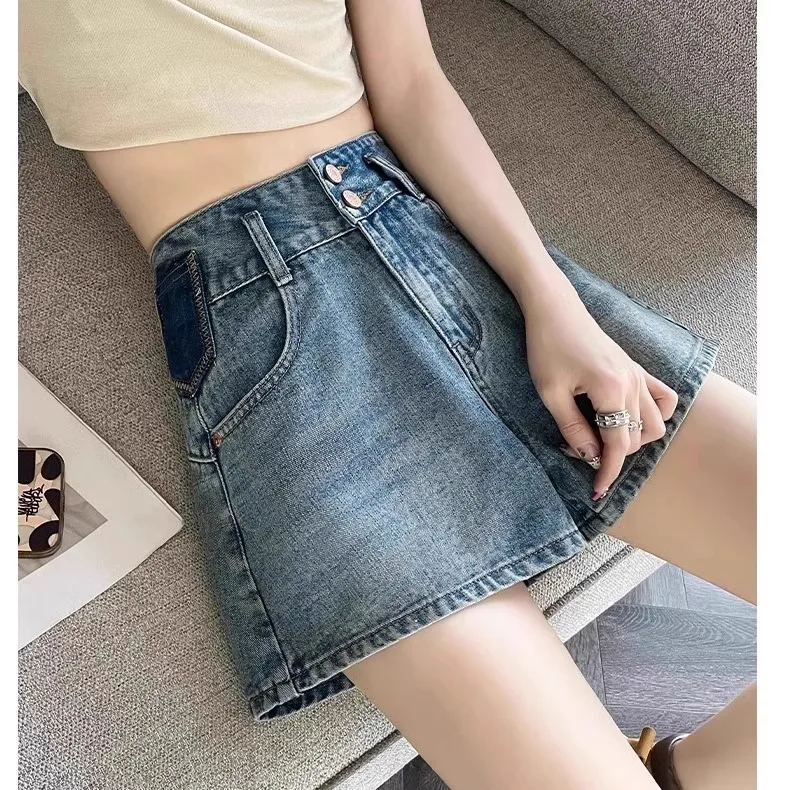 Hohe Taille A-Linie Weites Bein Ort Jeans Damen Plus Size Design Sense Zwei Knöpfe Farbe Colion Sommer Hotpants Baumwolle Str...