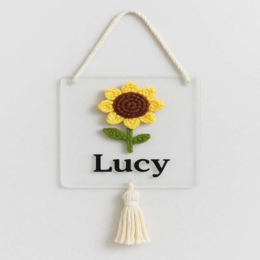 Custom Acrylic Name Sign with Handmade Crochet Sunflower – Personalized Door Plaque for Bedroom Decor Newborn Gift
