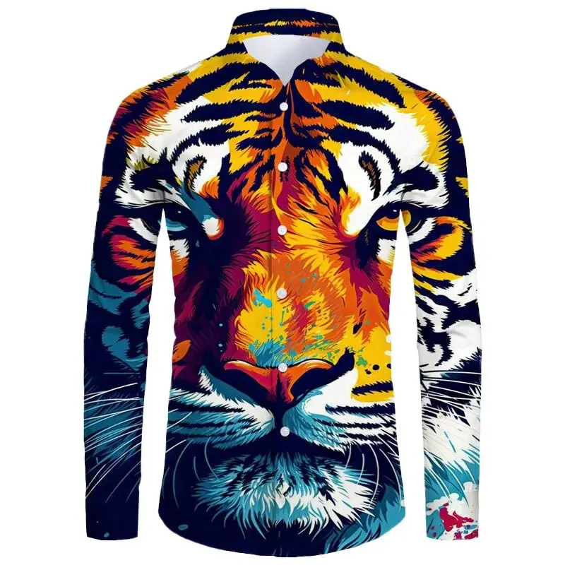 Hawaii Männer übergroße Casual Shirt 3D-Print Tiger Luxus Streetwear Kleidung für Langarm Revers Vintage Shirt Tops XS-6XL