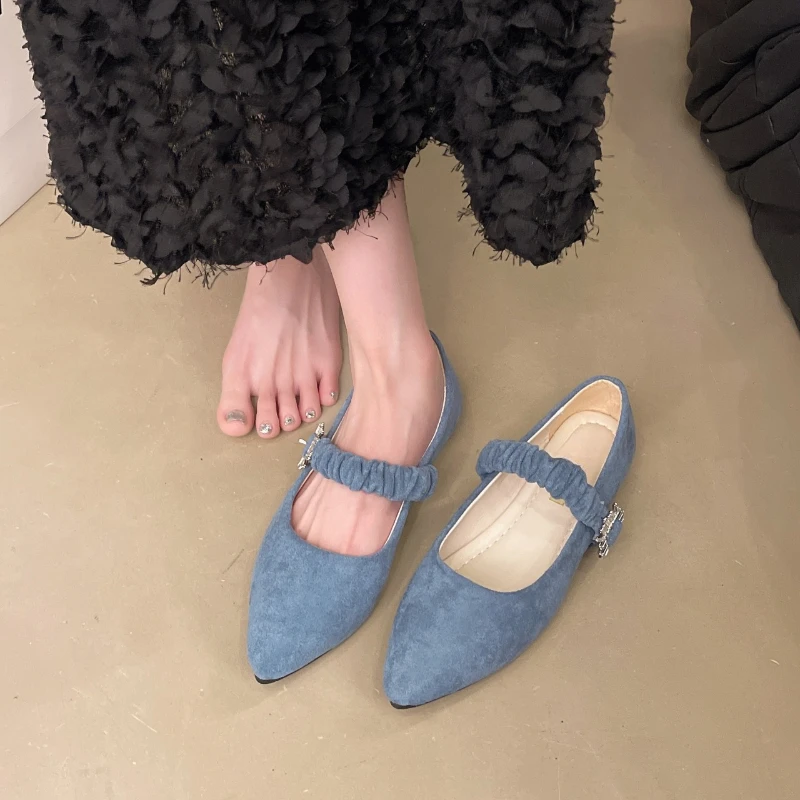 

2025 New Spring Autumn Flat Single Shoes Suede Solid Square Head Mary Jane Shoe Rhinestone Buckle Temperament Flats Mocasines