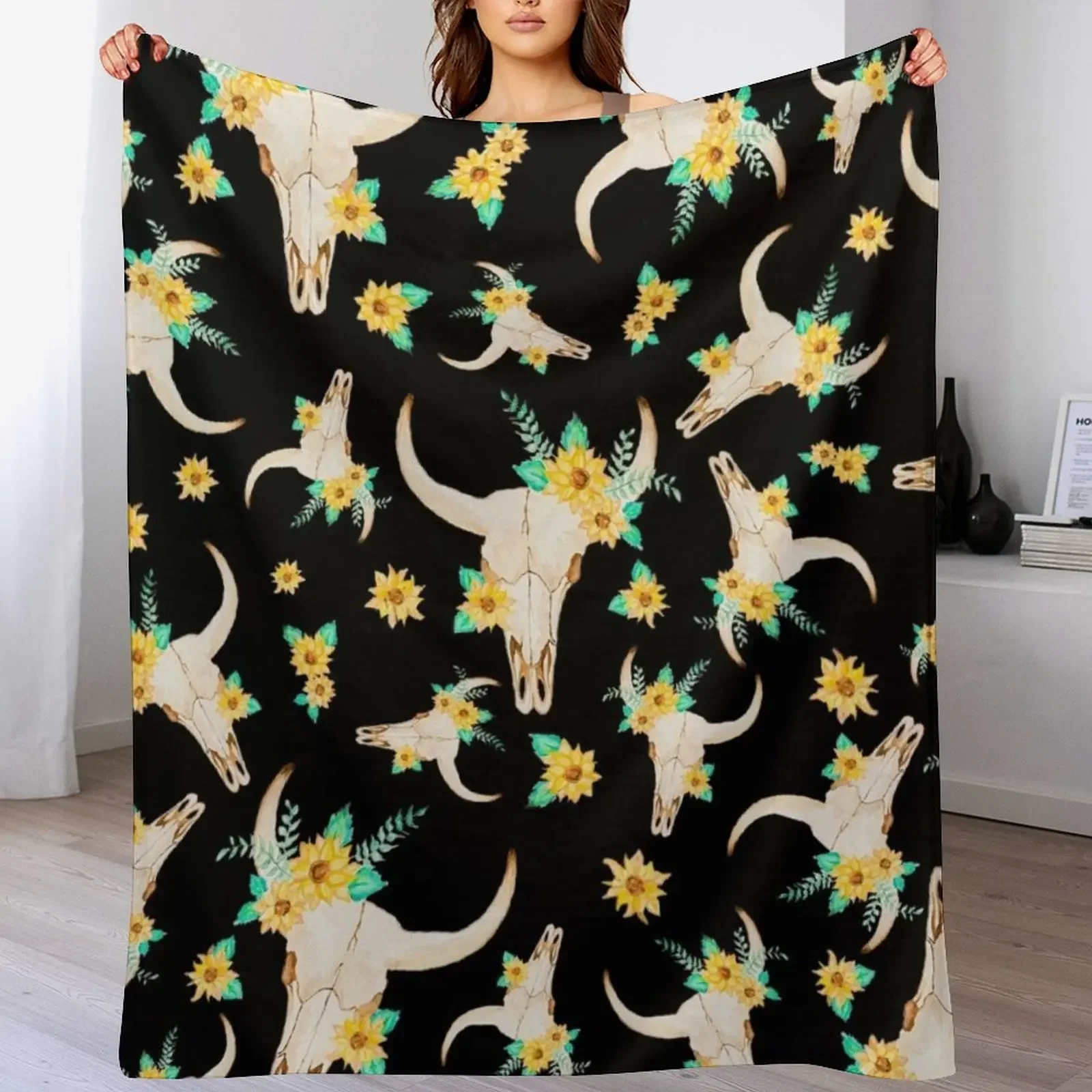 Sunflower Bull Skull (Black) Throw Blanket Soft Plush Blanket as Housewarming Gift