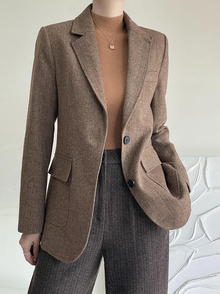 

Retro Woolen Suit Vintage Tweed Pattern Ma Brown Woolen Coat Autumn Winter New Sle Women's Faion Classic Collar One B...