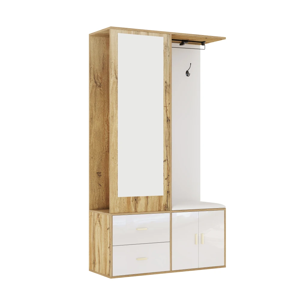 PINGGO Edles Garderoben-Set mit Spiegel, Schuhschrank, Schuhbank mit Haken, ausziehbarer Kleiderstange in Weiß und Holzfarben – Detail 22