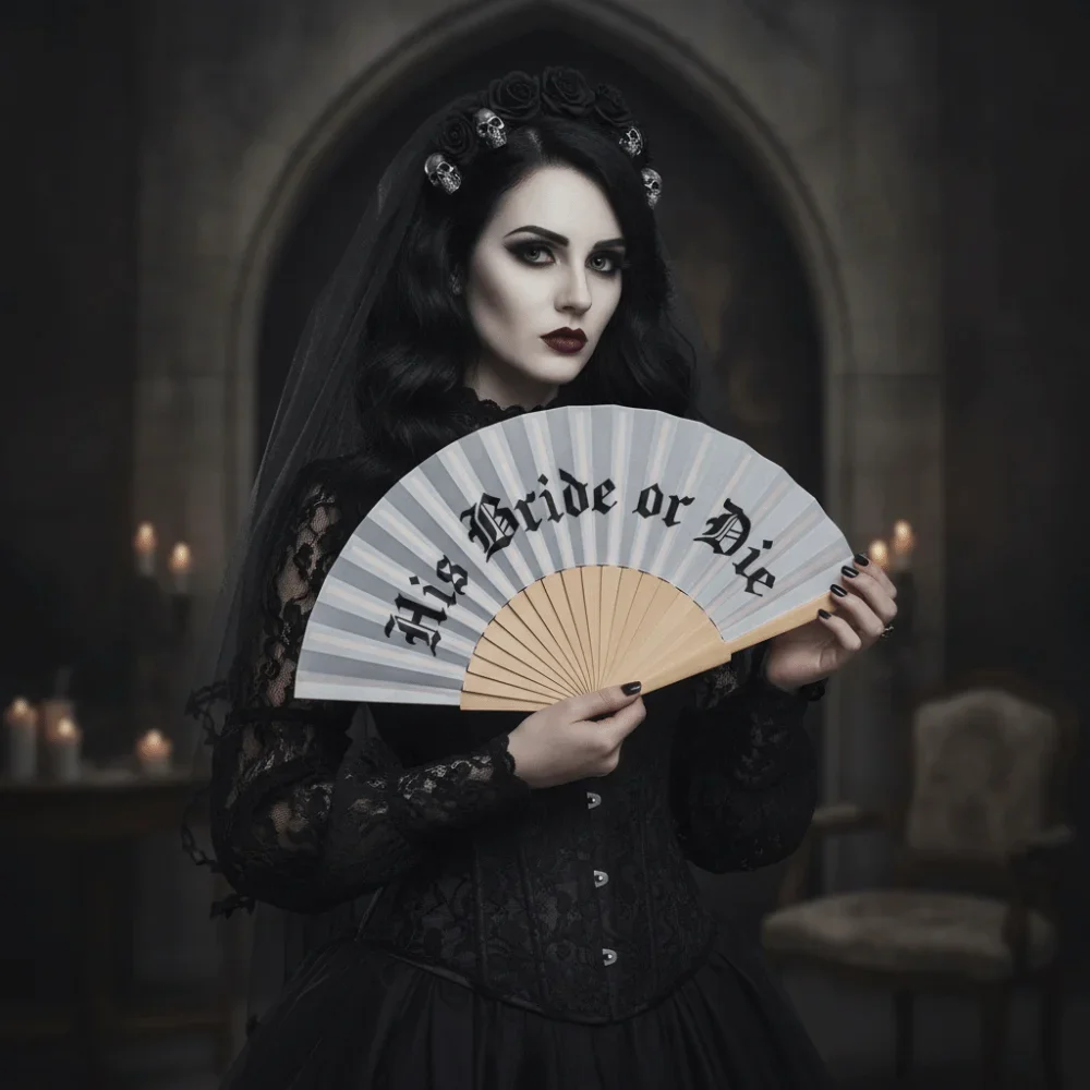 Vintage Gothic His Bride or Die Fan Large Folding Fan Halloween Black White Hand Fan Retro Fan Crafts
