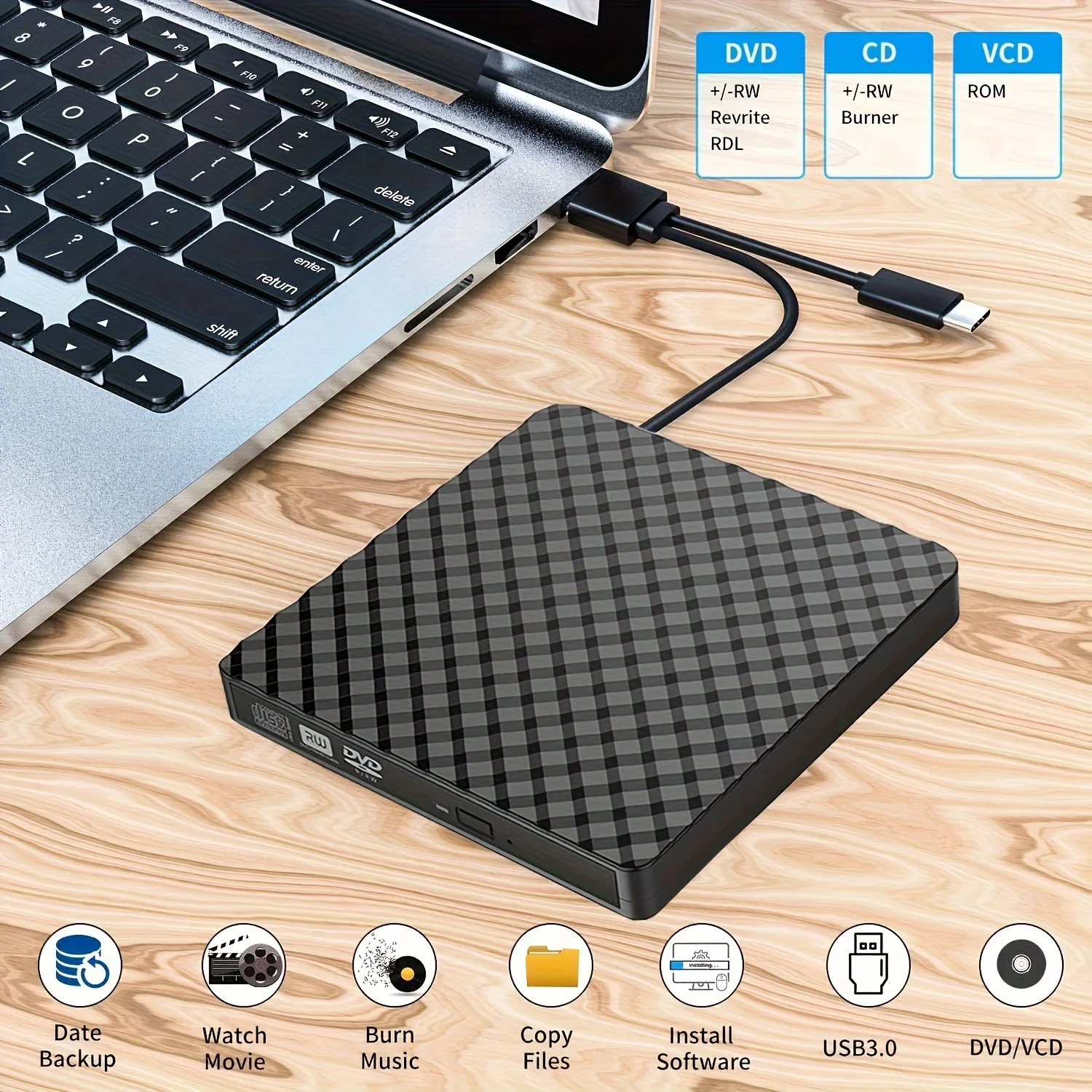 USB3.0 & USB-C External CD DVD Drive High-Speed Data Transfer Plug & Play Optical Disk Drive Capability for Laptops, Desktops