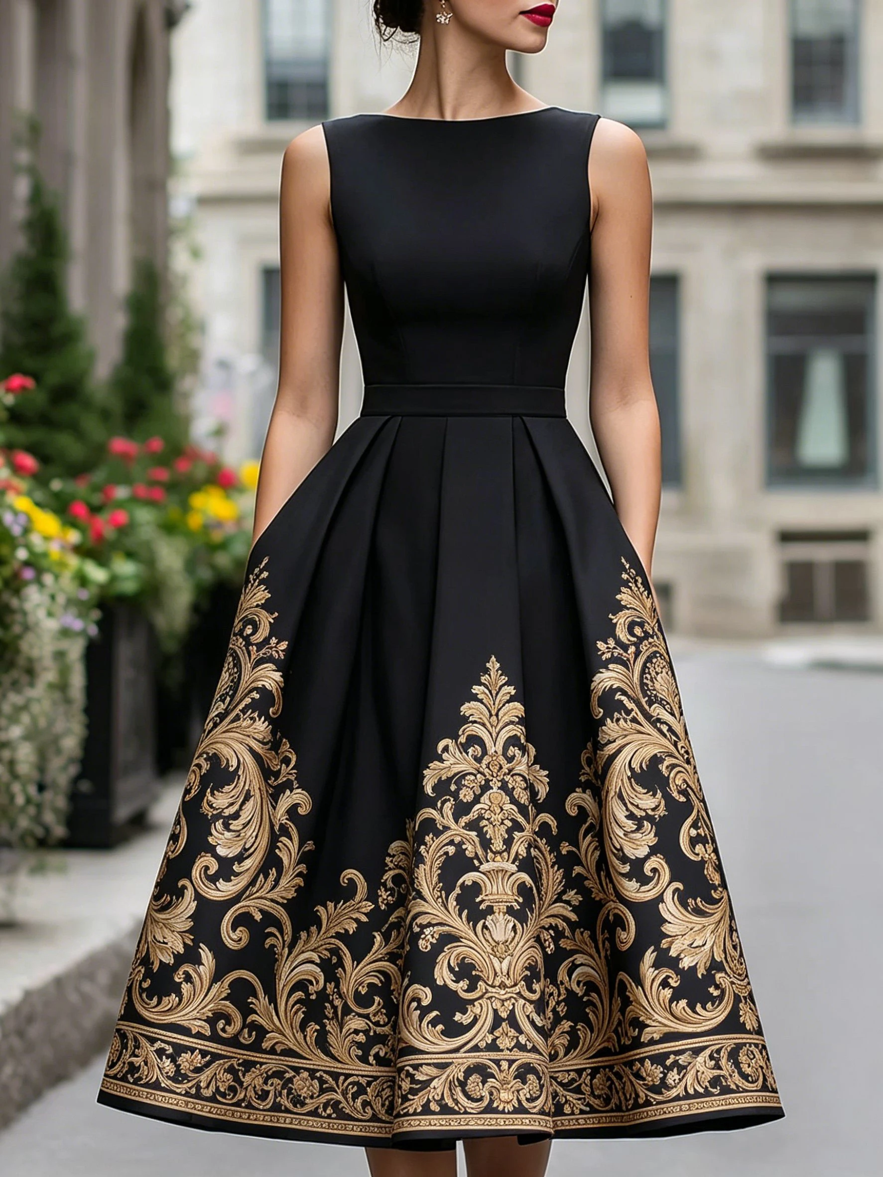 

Women's Black Sleeveless Midi Dress with Baroque Gold Damask Print Hem Elegant A-Line Cocktail Party Dresses