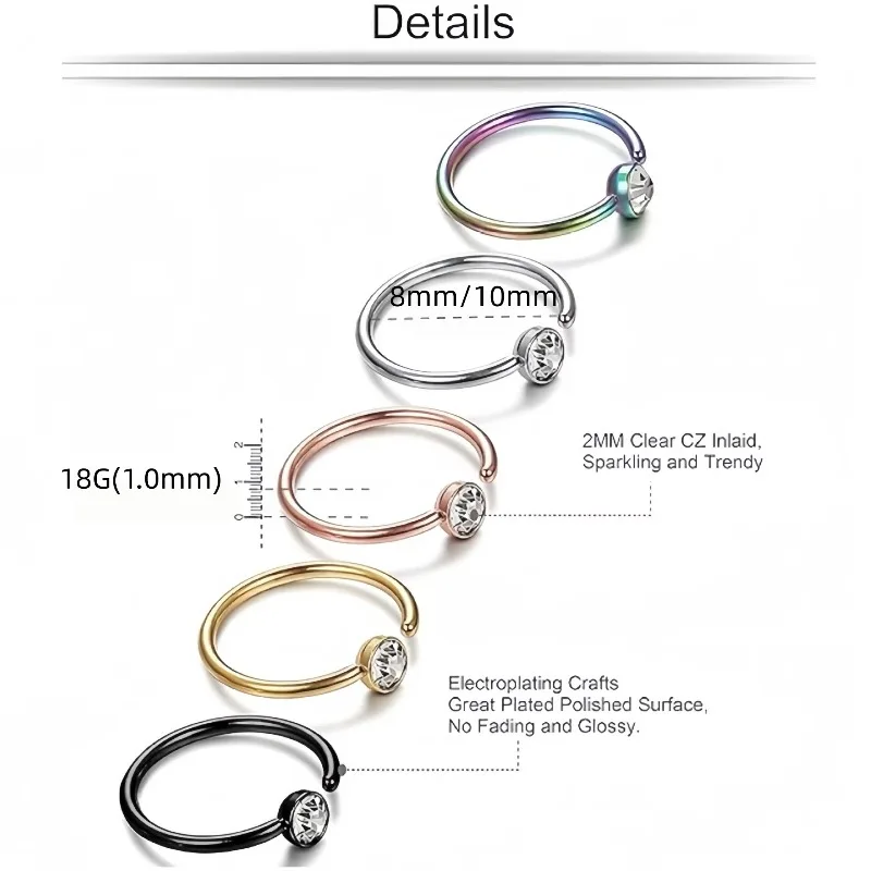 5pcs 18G Nose Rings C-Shaped Nose Stud Tragus Cartilage Helix Earrings Hoop Nose Hoop Surgical Stainless Steel Nose Rings Studs