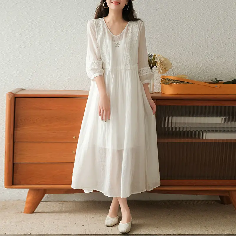 Été ample minceur ceinturé Long Dr deux pièces ensemble artistique Sle dentelle épissage v-ne couleur femmes Dr