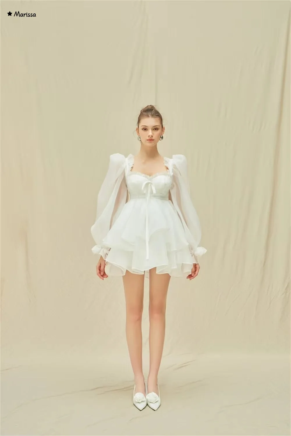 Marissa praia saia elegante vestidos femininos para vestido de festa de casamento feito sob encomenda branco gola quadrada mangas compridas até o chão