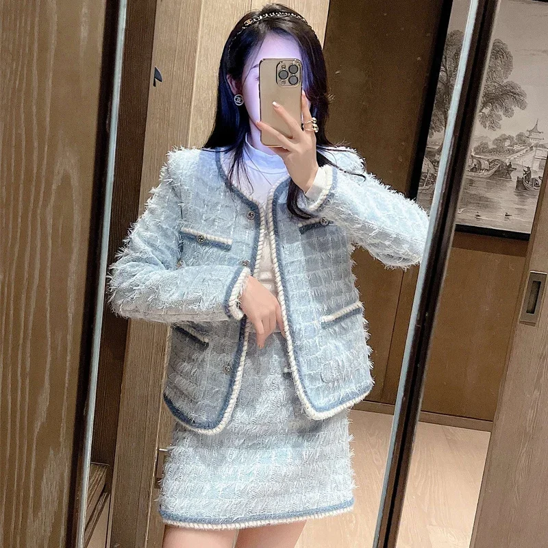 Actual Photo Azure Coast 2021 Autumn Winter New Classic-inspired Skirt Set, Short Jacket Two-piece for Women Female Office Lady