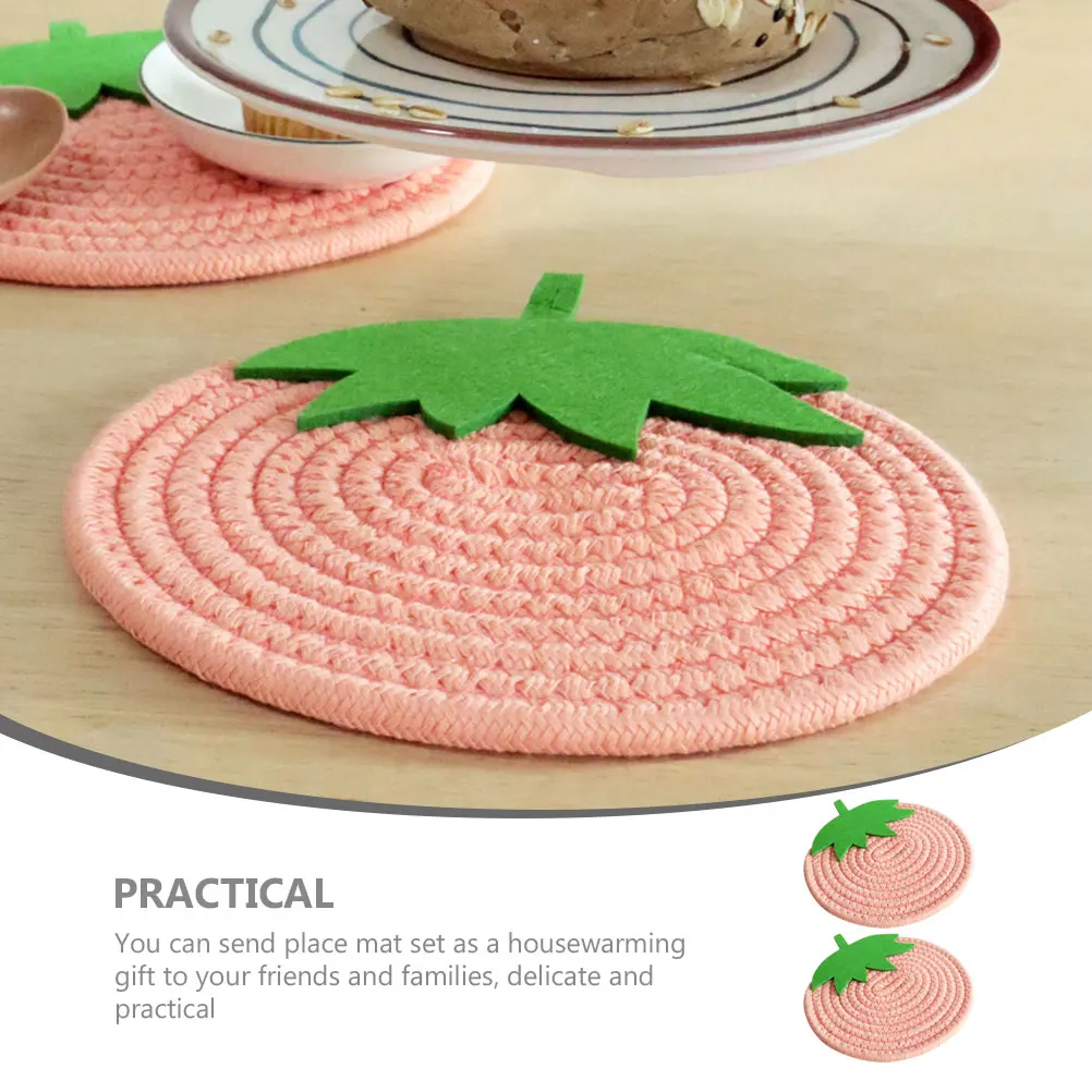 

2pcs Woven Placemat Strawberry Shape Cotton Rope Place Mat Heat Resistant Insulated Pot Mat Non Slip Tableware Cushion For