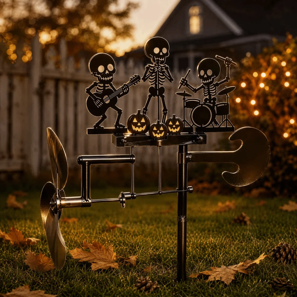 Rotating Halloween Skeleton Metal Drummer Wind Heavy Duty Artistic Rock Trio Skeleton Wind Spinner Wind-Powered Spooky
