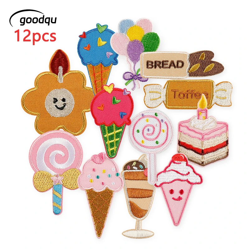12 Stück süße, selbstklebende Aufnäher für Kleidung, Eiscreme, Kinder, zum Aufnähen oder Aufbügeln, bestickte Aufkleber, Stoffe, DIY-Set, Jacke – Detail 1
