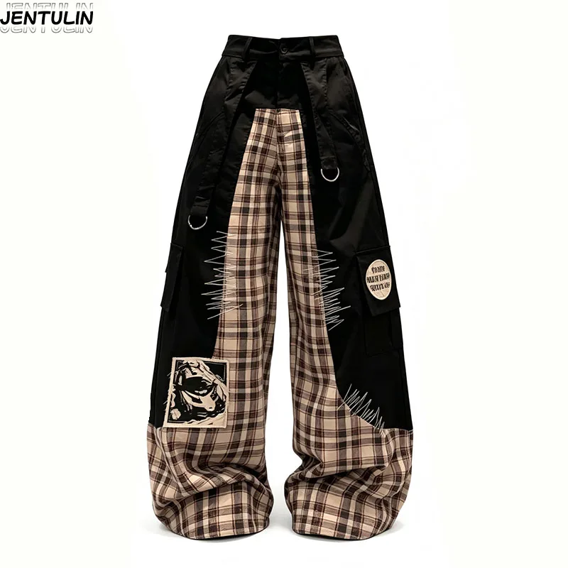 American Retro Deconstruction Splicing Plaid Workwear Wide Leg Pants Heavy-Duty Serrated Embroidery Casual Pants Unisex Clothing