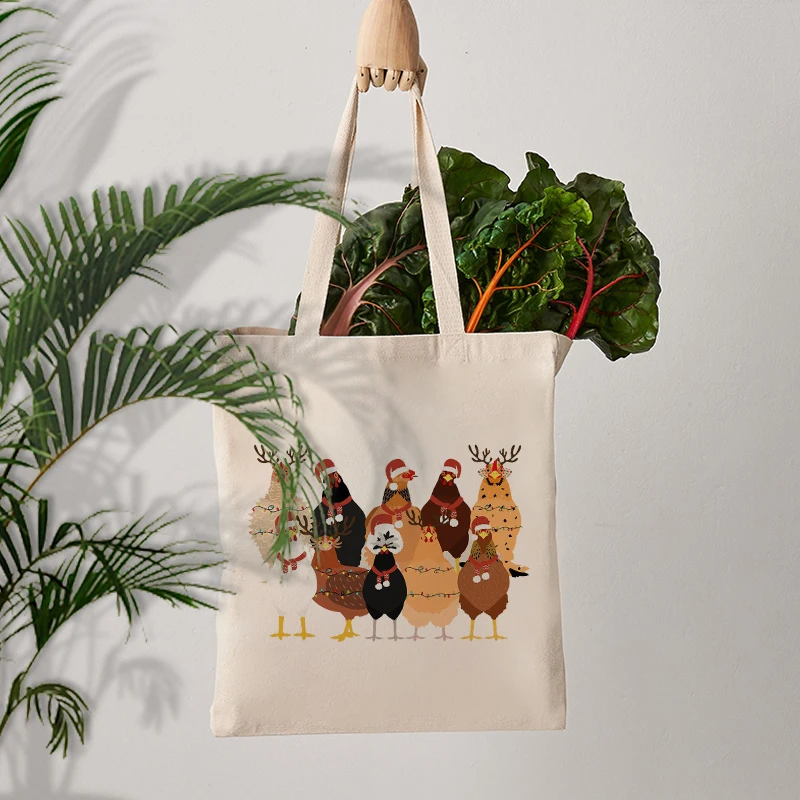 Cute Christmas Chickens Pattern Canvas Shopping Bag Cute Christmas Chickens Tote Bags Best Gift Christmas for Farm Girls