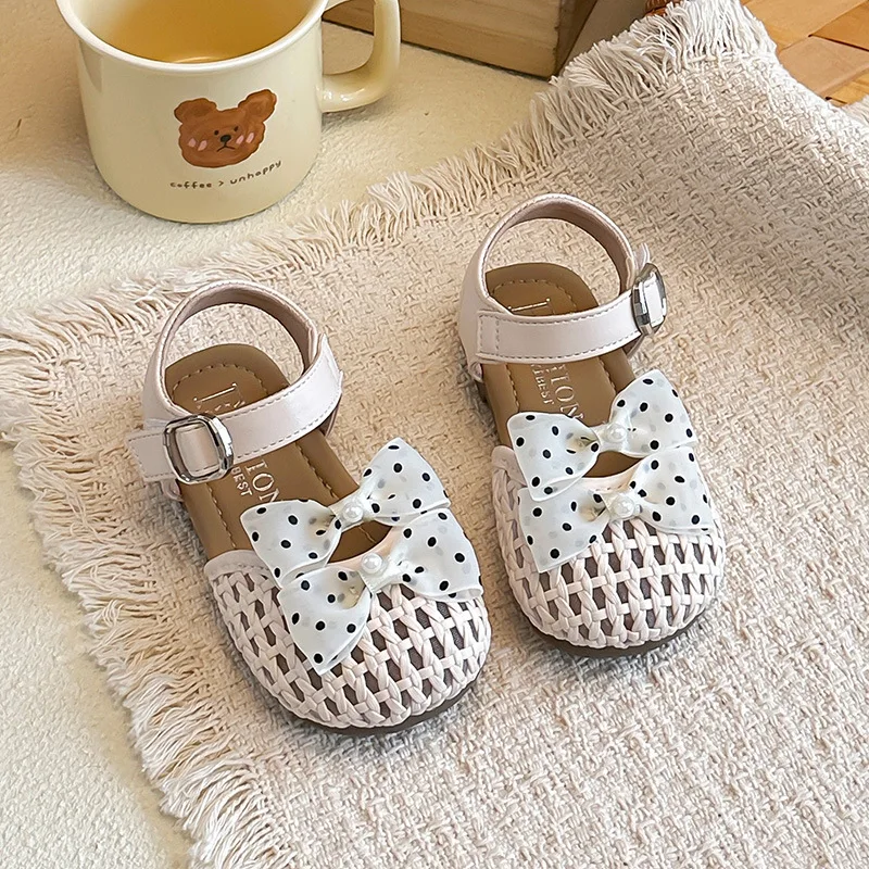 

Mumoresip Girls Beach Shoes Sweet Polka Dots Kids Sandals Weave Soft Bottom 2026 Summer New Children Princess Sandals Non-slip