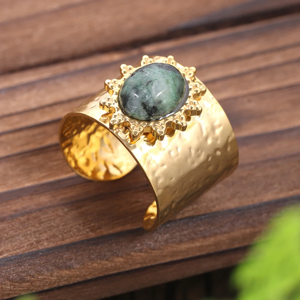 Fashion Geometric Wide Stainless Steel Rings for Women Accessories New Trendy Green Resin Gold Color Open Ring Party Jewelry