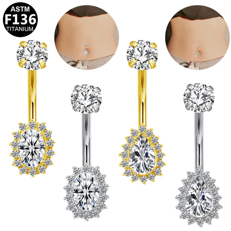 F136 Titanium Belly Button Rings for Women G23 Titanium Belly Piercing Jewelry Water Drop Cubic Zirconia Navel Ring Body Jewelry