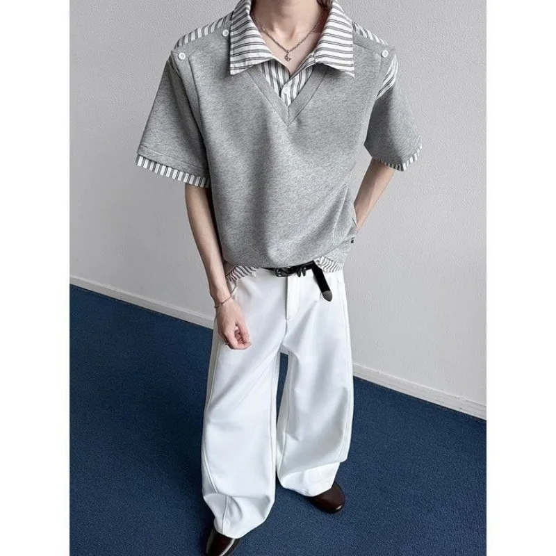 Mens Striped Collar Fake Two Piece Button Decor Loose Short Sleeve Polo Shirt