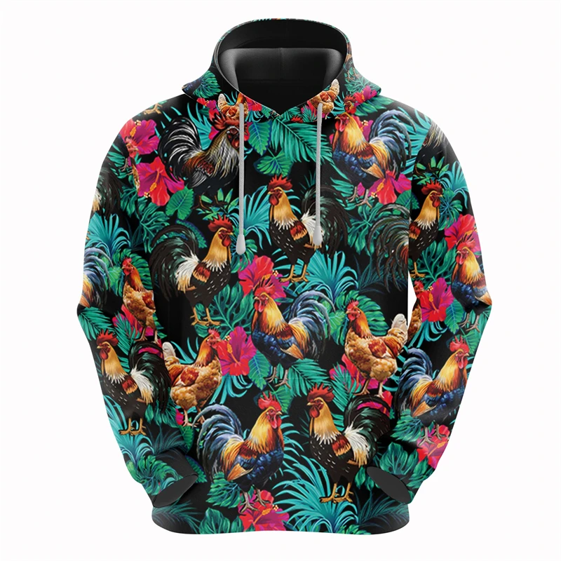 New In Rooster Pattern Hoodies For Men Fashion Casual Chicken 3D Printed Kids Hooded Sweatshirt Loose Hawaiian Pullovers Tops