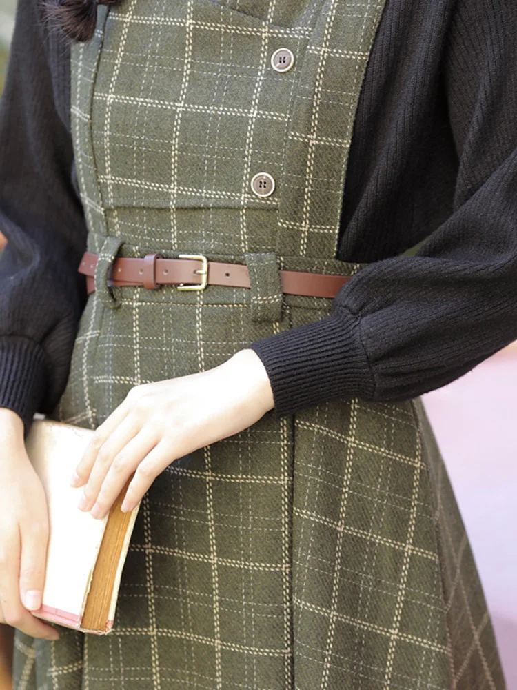 Vestido a cuadros de otoño e invierno para mujer, Vestidos largos de lana con tirantes finos y cinturón, Vestidos elegantes de fiesta Vintage