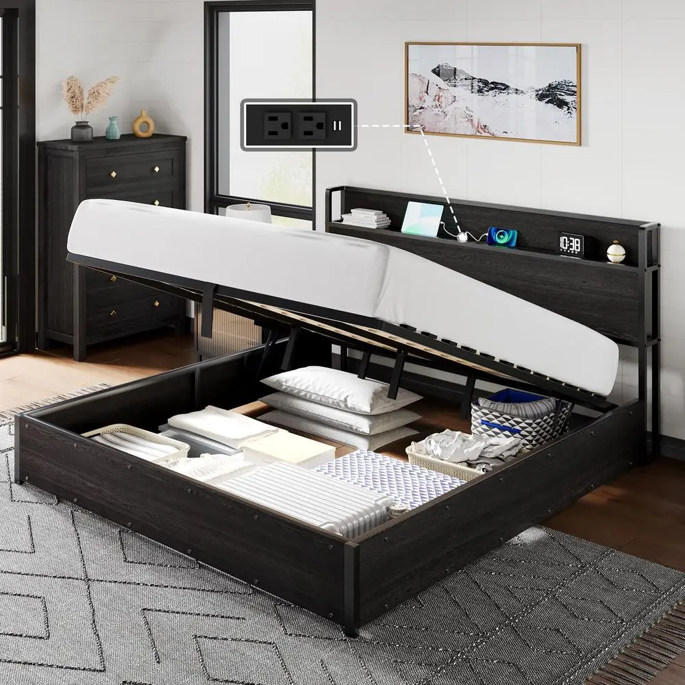 

King Size Lift Up Storage Bed Frame, Wooden Platform Bed Frame with Lifting Storage amp Charging Station, No Spring Box Needed