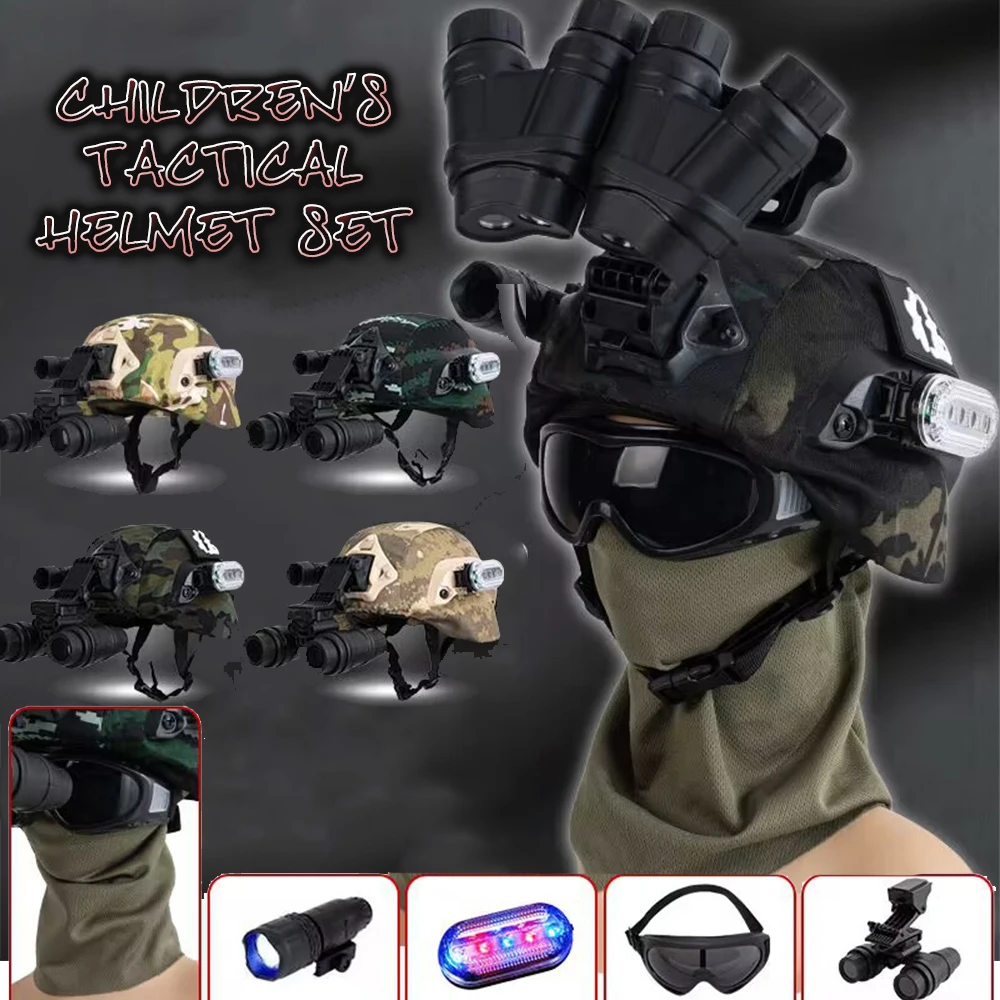 

Children's Tactical Helmet Set with Goggles Flashlight Night Vision Adapter for Outdoor Airsoft Hunting CS Paintball Shooting