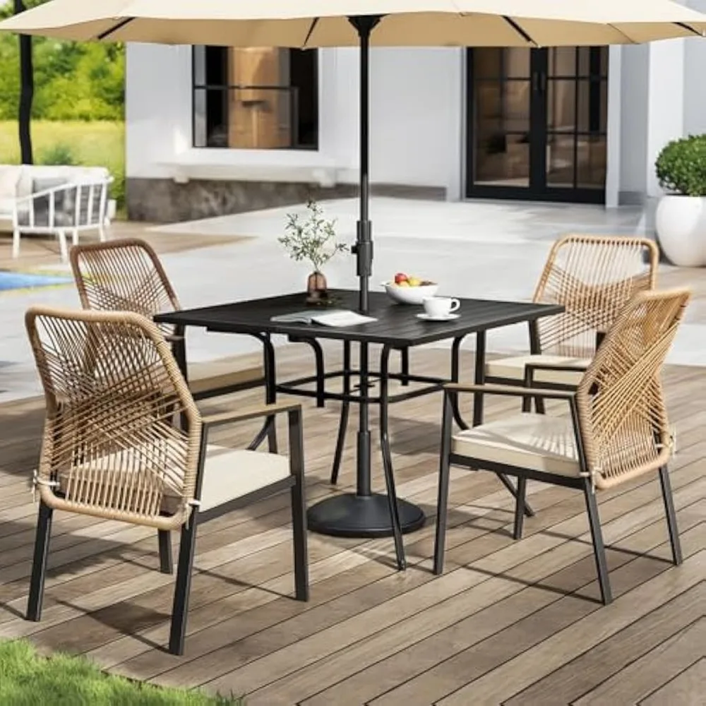 

Outdoor Patio Dining Set, 5 Pieces Rattan Patio Table and Chairs Set with Cushion and Umbrella Hole, Wicker Outdoor Patio Furni