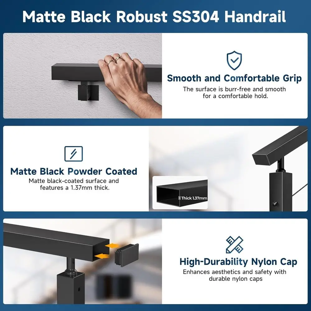 درابزين أسود T304 من الفولاذ المقاوم للصدأ، عبوتان مستطيلة، حاجز علوي مسطح قابل للقطع، 8 أغطية نهاية من النايلون للسطح الداخلي والخارجي S