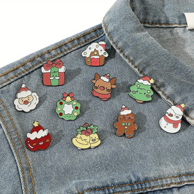 

10pcs Cartoon Broochs Set Christmas Tree Reindeer Christmas Brooch Santa Claus Metal Badge Couple Pin Cute and Unique Accessory