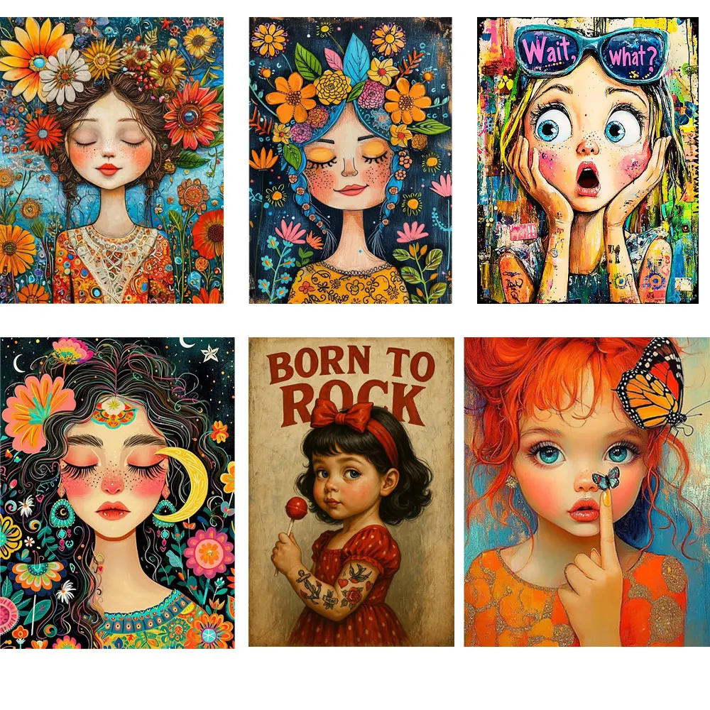 Girls Flower Oil Painting Heat Transfer Patches Beautiful Girls Iron-On Patches for T Shirts Clothes A-Level Washable T-Shirt