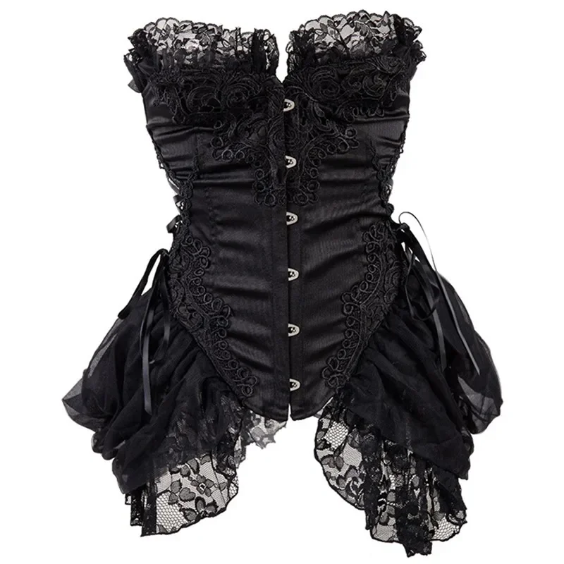 Sexy Satin Gothic With Tulle Overbust Victorian Corset Steampunk Elegant Wedding Bustier Burlesque Dress