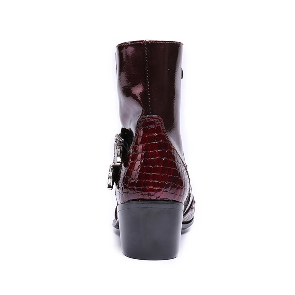 Buckle Red Rhinestone Patent Leather Thick High Heels Pointed Toe Boots Male Plus Size Party British Style Cowboy Dress Shoe