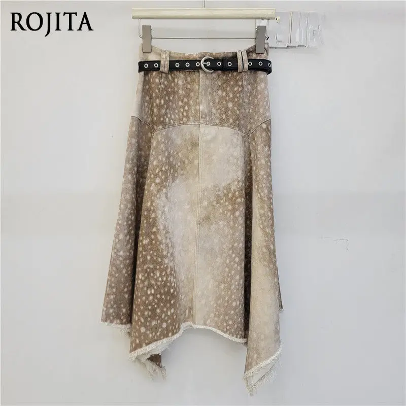 

Deer Print Irregular Spice Girl Washed Denim Skirt Women's 2026 New Asymmetrical Fringe Hem Midi Skirt High Waist Skirt