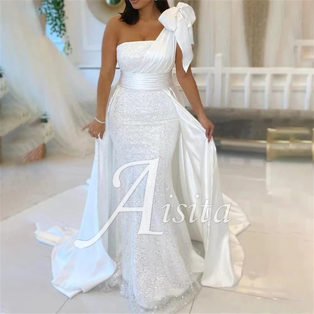 Sexy Mermaid Wedding Dress One Shoulder Sleeveless Bride Dresses Chapel Train With Bow Sequined Wedding Dresses Vestidos Dresses