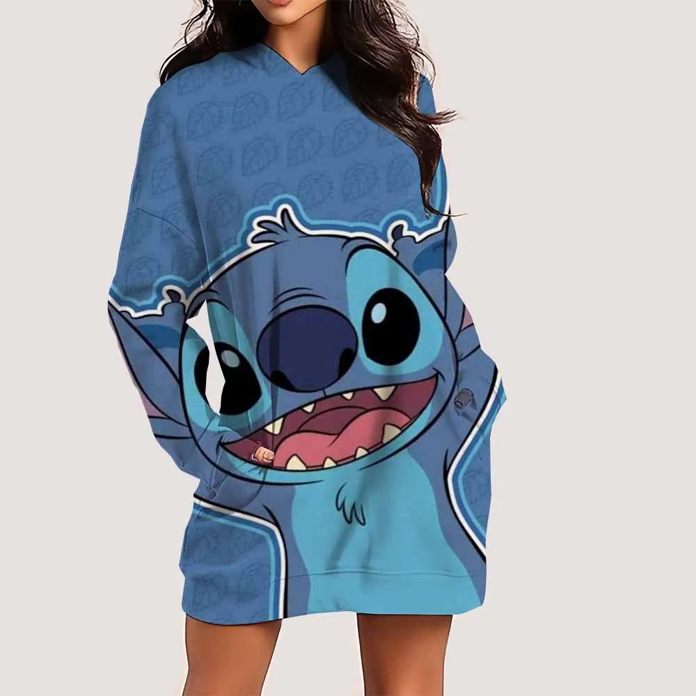 

New Spring Fashion Disney Stitch print Hoodies Dress For Women Harajuku Loose Long Hooded Dress Korean Dress Streetwear