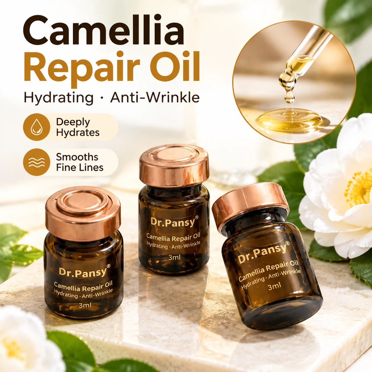 Camellia Facial Repair Oil 3ml Deep Hydration Anti-Wrinkle Serum Smooths Fine Lines Natural Glow Skin Care