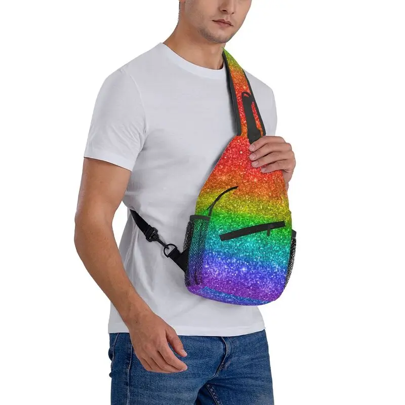 Mochila de hombro con purpurina personalizada para hombre, bolso cruzado de pecho con bandera de arco iris, LGBT, Orgullo Gay, informal, para viajes y ciclismo