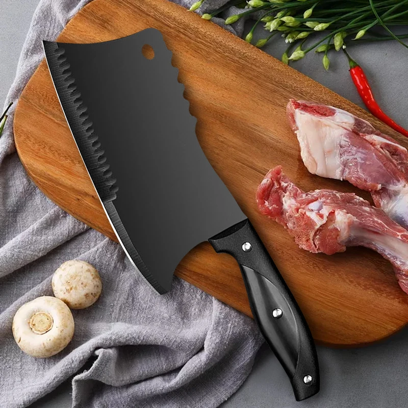 Black Blade Butcher Knife Stainless Steel Bone Chopping Chef Knife Meat Vegetables Slicing Cleaver High Hardness Kitchen Knives