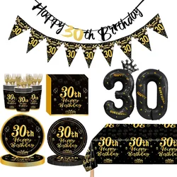 Vajilla desechable de oro negro para 30 cumpleaños, suministros de decoración de fiesta, platos, mantel, pancarta de cumpleaños, globo con número de 40 pulgadas