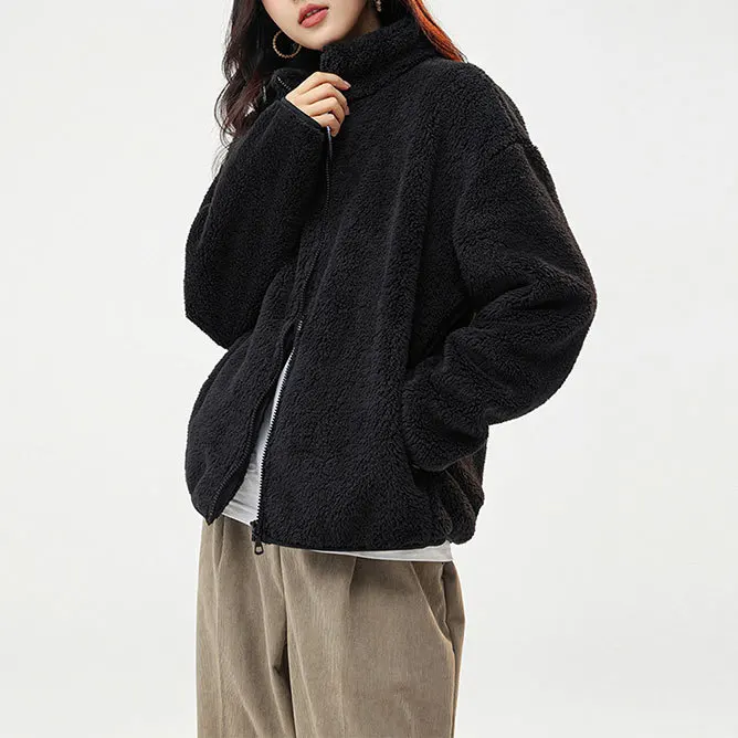 Women Casual Zip Up Fleece Jacket Solid Color Long Plush Polar Warm Zipper Outwears Female  Lamb Wool Jackets With Pockets